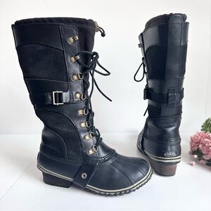SOREL Conquest Carly Black Suede Leather Lace Up Waterproof Tall Winter Boots